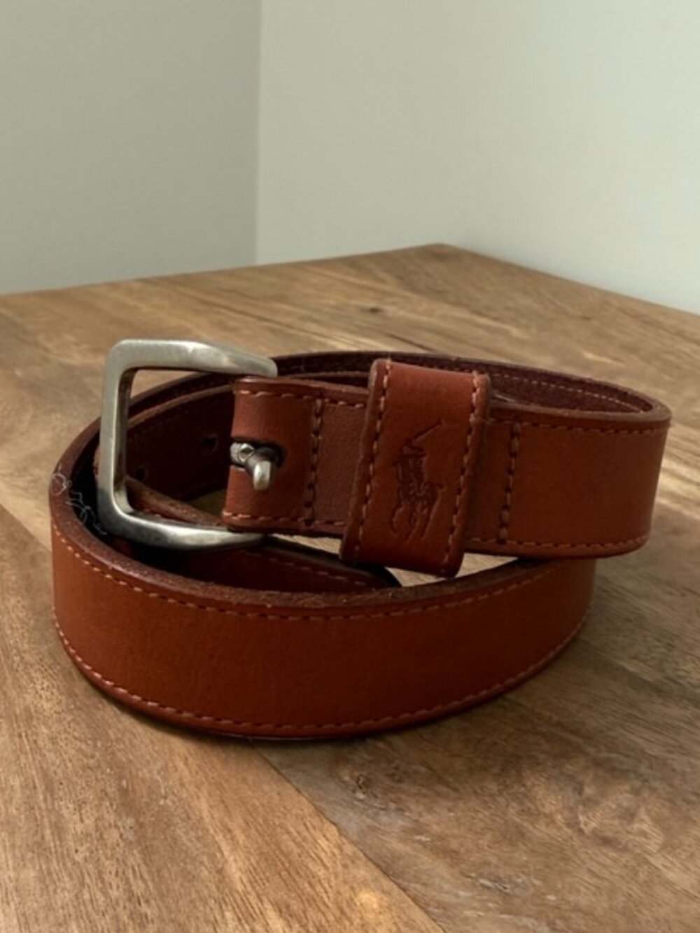 POLO RALPH LAUREN Cognac Brown Leather Belt Debossed Pony Logo Silver Buckle